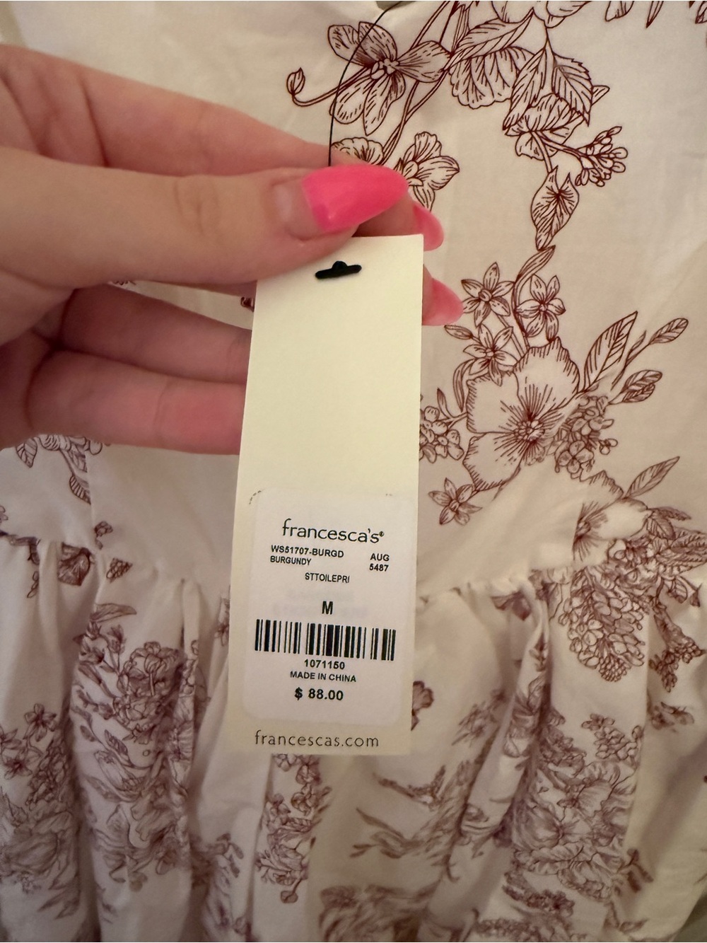 White and Burgundy Toile/Cottagecore Floral Print Midi Dress - Picture 4 of 7